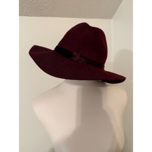 A New Day Women's Burgundy Wool Fedora Hat Wide Brim Leopard Print Band NWT